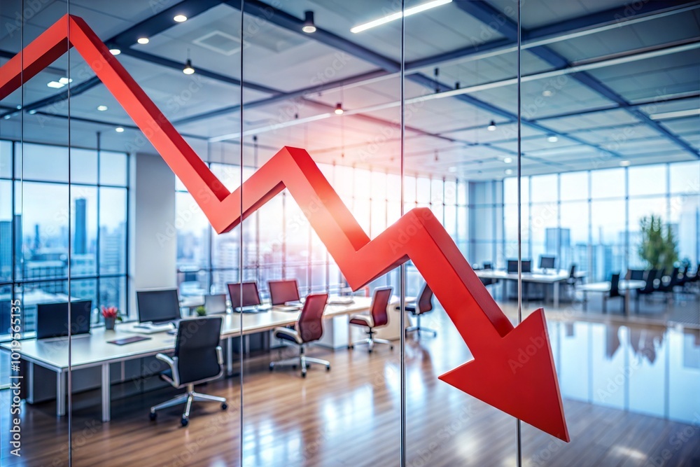 custom made wallpaper toronto digitalRed arrow pointing down on office window visualizing business recession impact