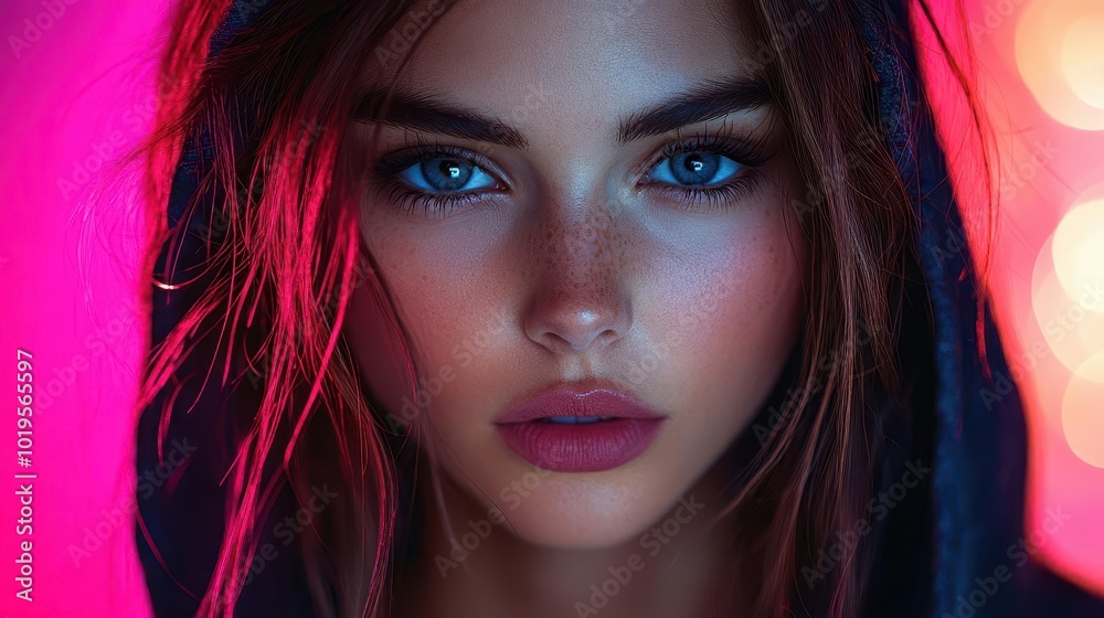 striking portrait of a beautiful girl in a dark hood set against vibrant neon lights creating a captivating contrast of shadows and colors that evoke a sense of urban nightlife striking portrait of a beautiful girl in a dark hood set against vibrant neon lights creating a captivating contrast of shadows and colors that evoke a sense of urban nightlife