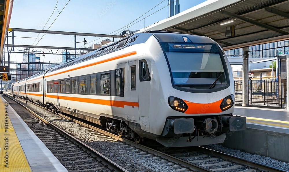 Modern Passenger Train Arriving at Station Platform Modern Passenger Train Arriving at Station Platform