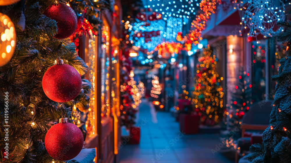 Festively illuminated street adorned with Christmas trees and decorations during the holiday season Festively illuminated street adorned with Christmas trees and decorations during the holiday season