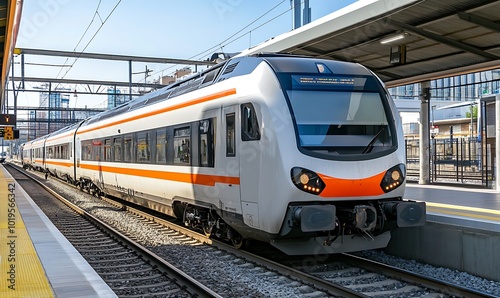Modern Passenger Train Arriving at Station Platform