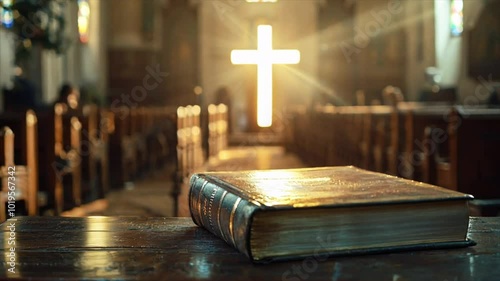 holy bible with a cross made of glowing white light in a church Generative AI