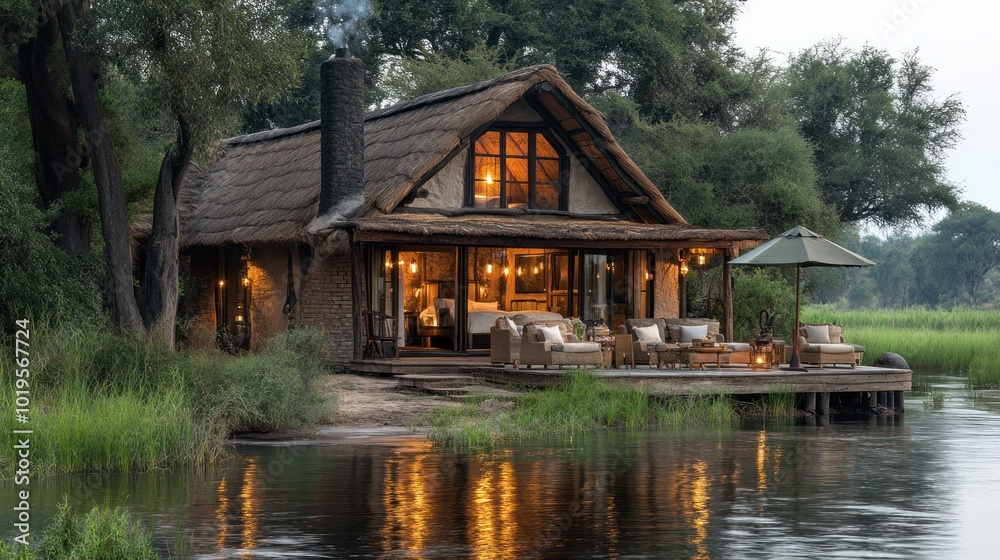 Cozy riverside lodge with warm lights and natural surroundings. Cozy riverside lodge with warm lights and natural surroundings.