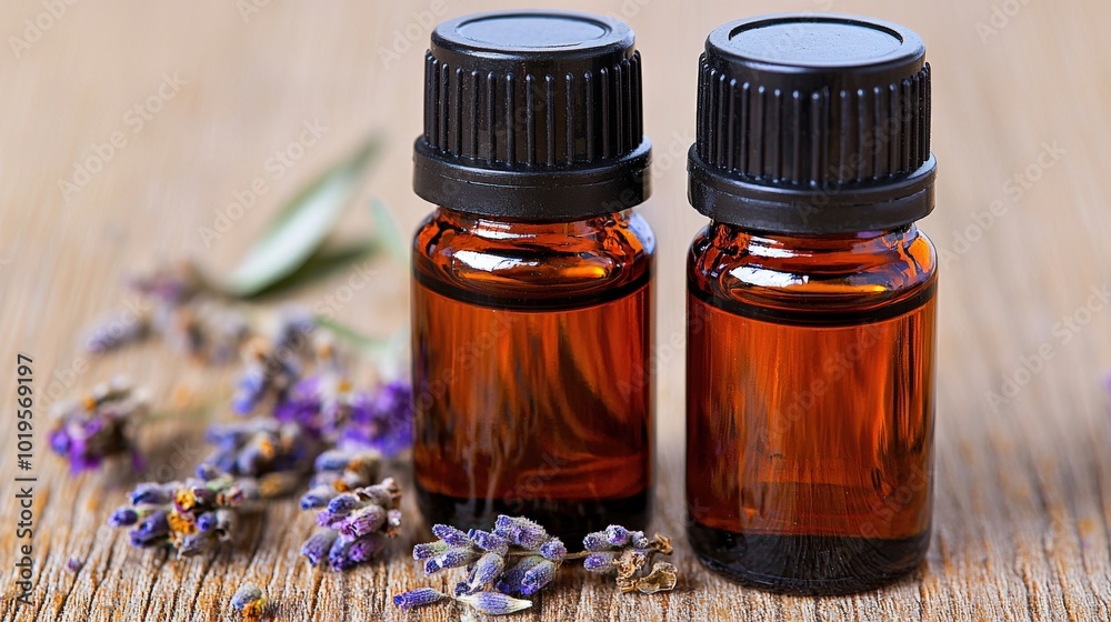 Essential Oils with Dried Flowers on Wooden Surface Essential Oils with Dried Flowers on Wooden Surface