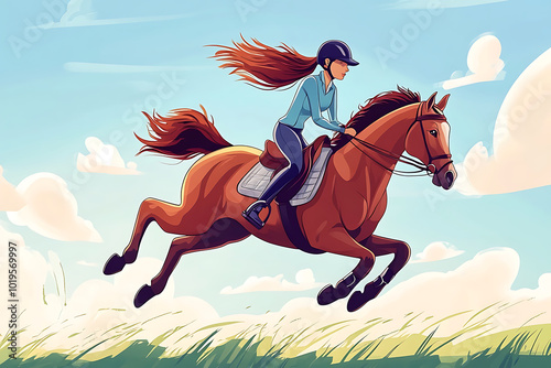 A rider jumps on a horse in a vibrant landscape, showcasing equestrian sport and freedom.