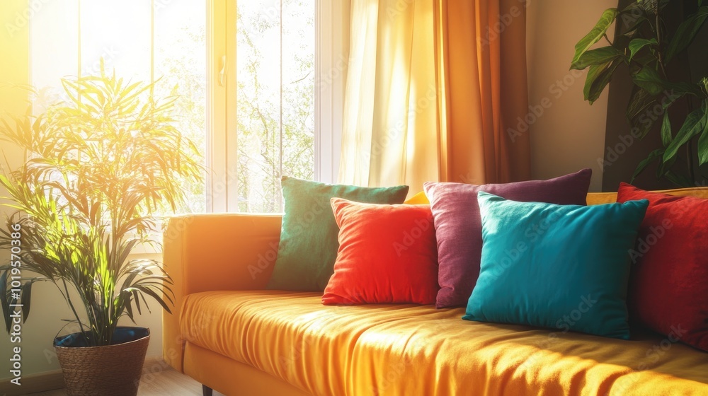 Bright and Cozy Living Room with Colorful Cushions Bright and Cozy Living Room with Colorful Cushions