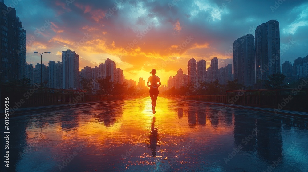 Obraz premium A runner silhouetted against a vibrant sunset in an urban landscape.