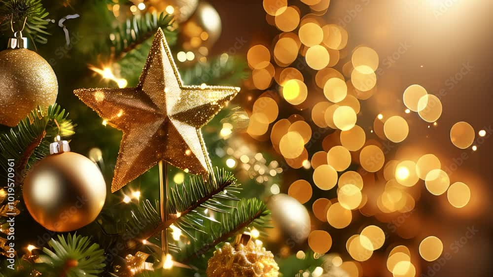 Festive Christmas Decorations Featuring Golden Star and Sparkling Lights. Trendy New Year background. Festive Christmas Decorations Featuring Golden Star and Sparkling Lights. Trendy New Year background.