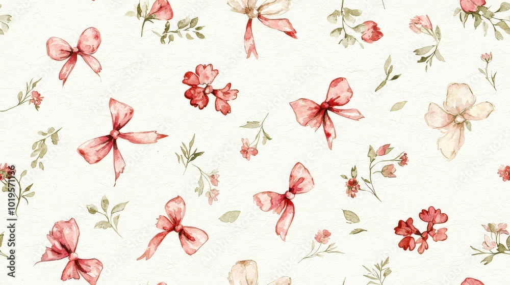 Fototapeta premium Minimalist Watercolor Floral Pattern with Bows