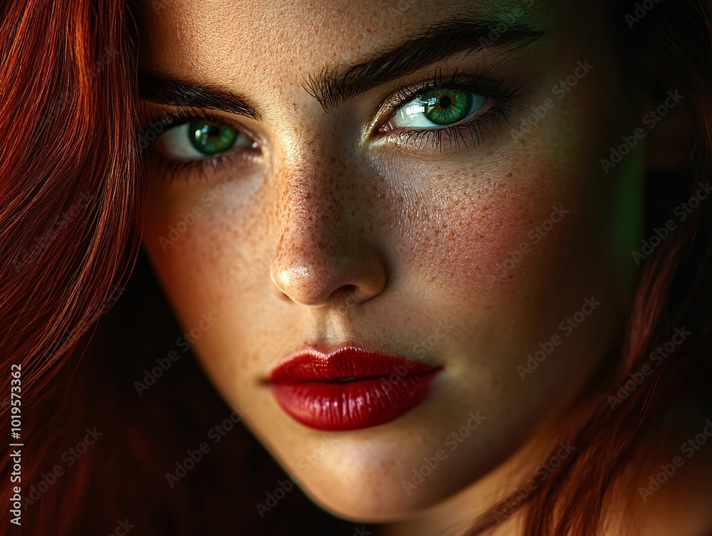 Close-up portrait of a woman with red hair and green eyes, looking directly at the camera. Close-up portrait of a woman with red hair and green eyes, looking directly at the camera.
