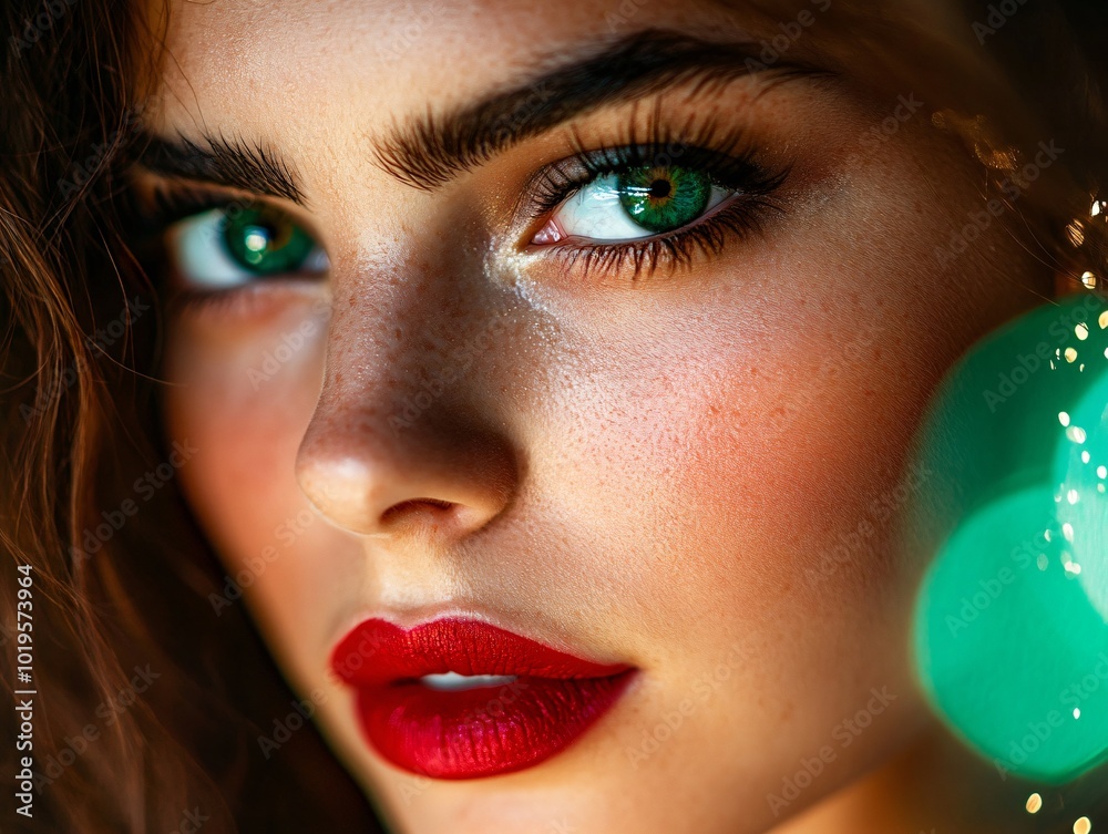 Closeup portrait of a woman with green eyes and red lipstick. Closeup portrait of a woman with green eyes and red lipstick.