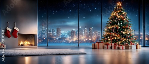 Cozy Christmas Tree in Front of Snowy City Skyline at Night