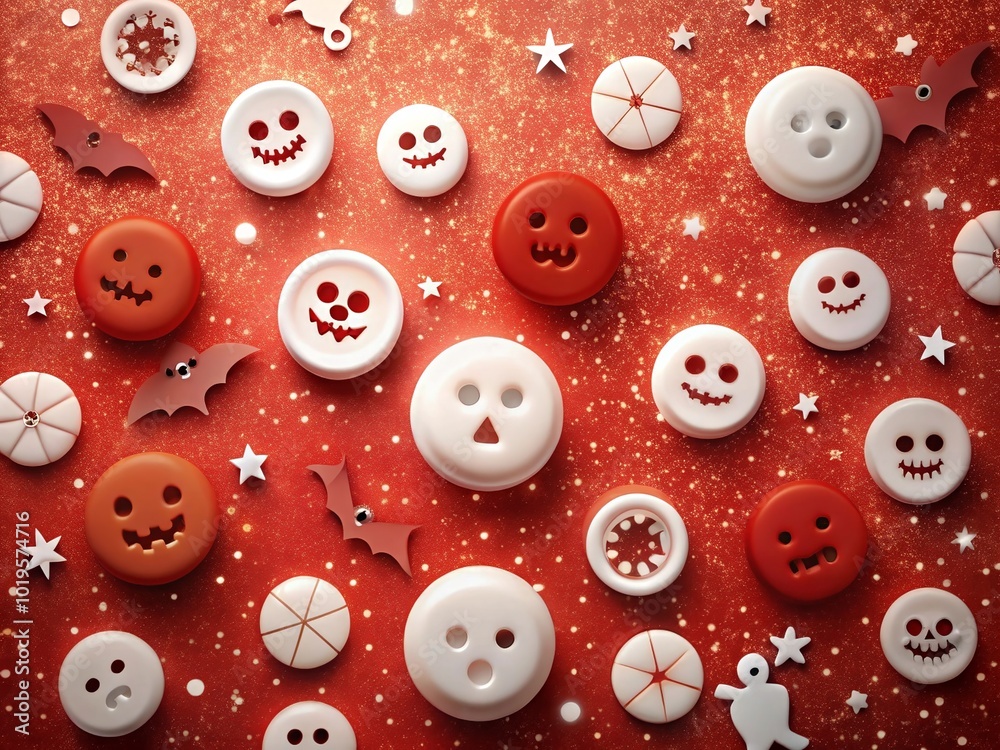 Colorful Halloween themed buttons in red, white, and black create festive atmosphere. playful designs include smiling faces, ghosts, and bats, perfect for seasonal crafts Colorful Halloween themed buttons in red, white, and black create festive atmosphere. playful designs include smiling faces, ghosts, and bats, perfect for seasonal crafts