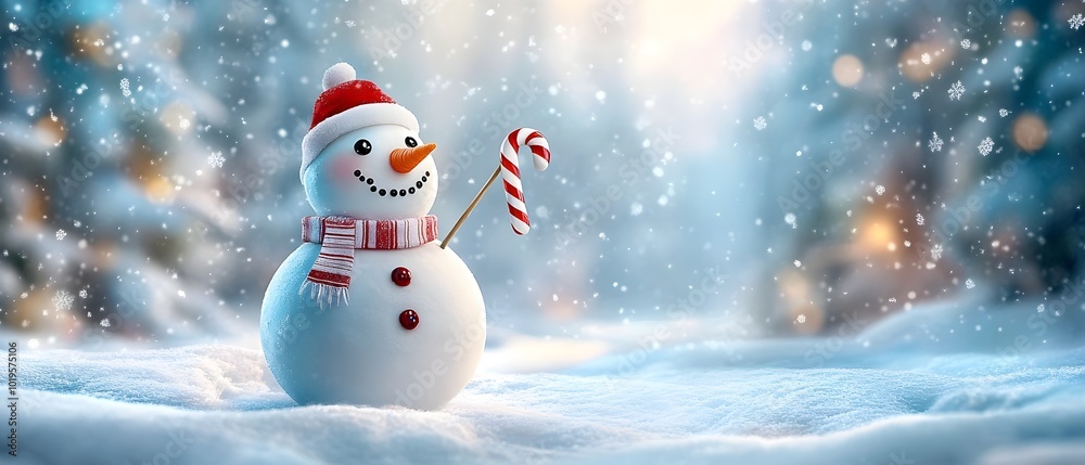 Cheerful Snowman Adorned with Scarf and Candy Cane in Snowy Winter Wonderland Cheerful Snowman Adorned with Scarf and Candy Cane in Snowy Winter Wonderland