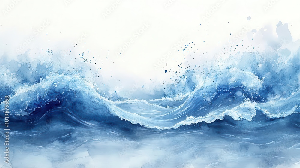 watercolor illustration of a serene river scene with gentle blue waves and splashes of paint capturing the essence of tranquility and the beauty of natural landscapes in an abstract style
