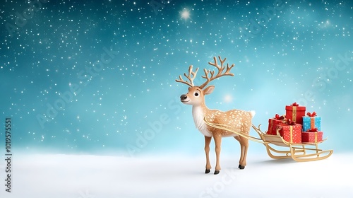 Magical Reindeer Pulling Sleigh with Christmas Gifts in Snowy Winter Landscape