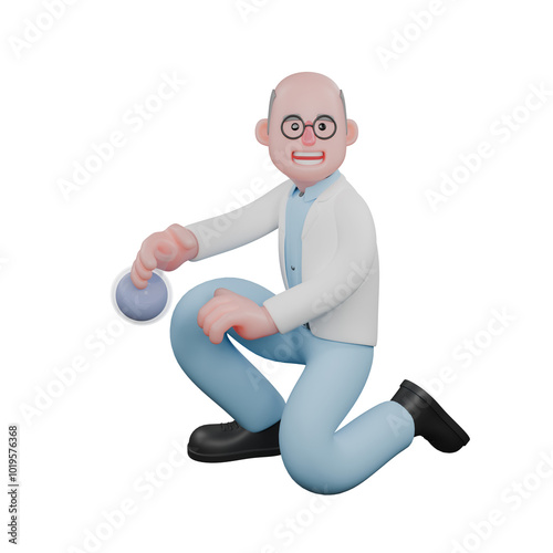 Scientist's Daily Lab Work in 3D. A male scientist is squatting while carrying a measuring flask. Male Cartoon photo