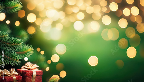 Christmas background with Christmas pine tree on the side with bokeh light on the background and empty copy space for text.
