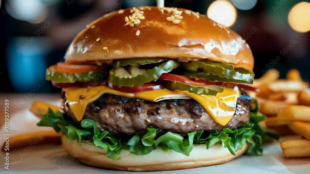 Tasty burger with beef patty, cheese, and vegetables. Tasty burger with beef patty, cheese, and vegetables.