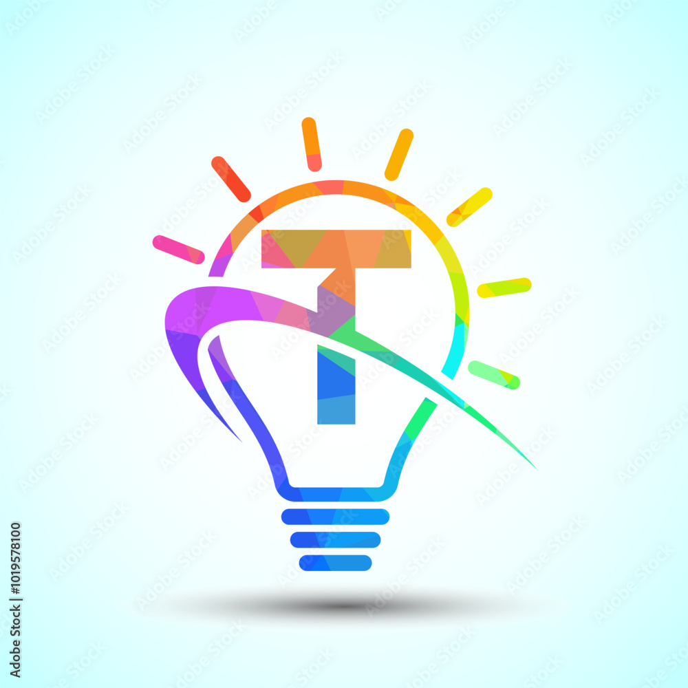 English alphabet T with light bulb and swoosh. Electric bulb logo template. Low poly electricity logo English alphabet T with light bulb and swoosh. Electric bulb logo template. Low poly electricity logo