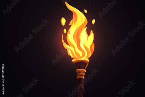 A stylized torch with a vibrant flame against a dark background.