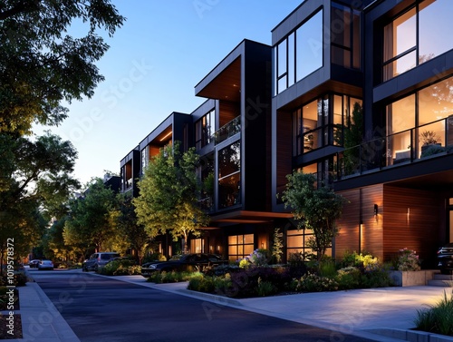 Modern apartment building with street view at dusk.