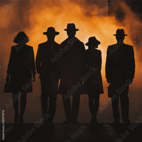 Silhouettes of people in hats against orange background