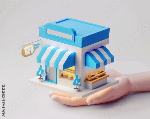 3D Cartoon Hand Holding Small Store Building 
