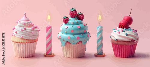 Cupcakes with Candles on Pink Background 
