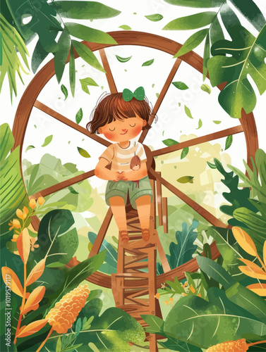 Girl Sitting on a Wooden Wheel Surrounded by Lush Greenery 
