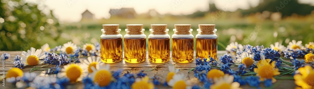 Herbal Remedies on Wooden Table at Sunrise Herbal Remedies on Wooden Table at Sunrise