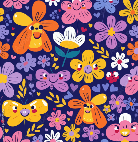 Happy Flowers and Butterflies Pattern 

