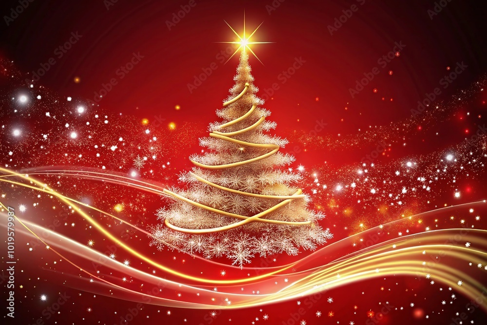 beautiful Christmas tree adorned with golden lights and snowflakes stands against vibrant red background, creating festive and joyful atmosphere