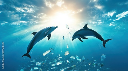 Dolphins Swimming Amid Ocean Pollution and Plastic Waste