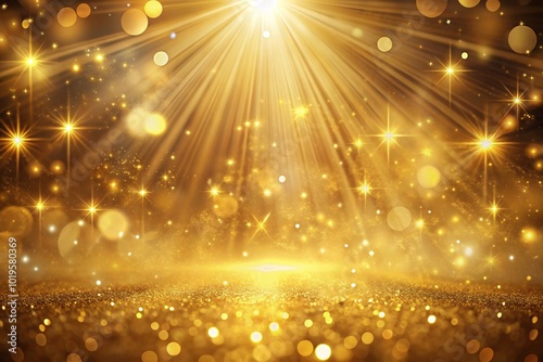 luxurious golden background glimmers with soft light, creating magical atmosphere filled with sparkling stars and radiant beams. This enchanting scene evokes sense of wonder and elegance