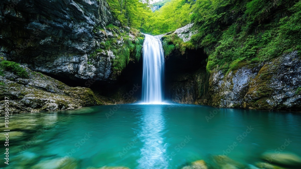 Fototapeta premium Serene Waterfall Surrounded by Lush Greenery