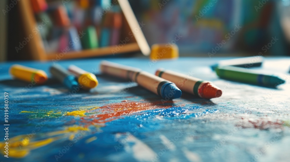 Close-up of colorful crayons, scattered on the child's study table with unique colors and shapes, symbolizing creativity in drawing or painting Close-up of colorful crayons, scattered on the child's study table with unique colors and shapes, symbolizing creativity in drawing or painting