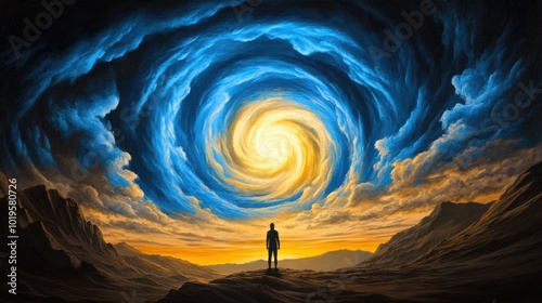 Cosmic Swirl Above Solitary Figure in Landscape