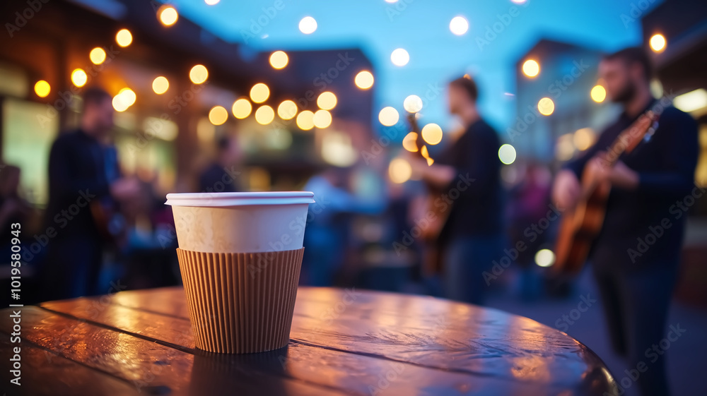 coffee cup sits on wooden table, surrounded by lively atmosphere of concert with band playing in background. warm glow of string lights enhances vibrant scene, creating cozy and inviting ambiance coffee cup sits on wooden table, surrounded by lively atmosphere of concert with band playing in background. warm glow of string lights enhances vibrant scene, creating cozy and inviting ambiance