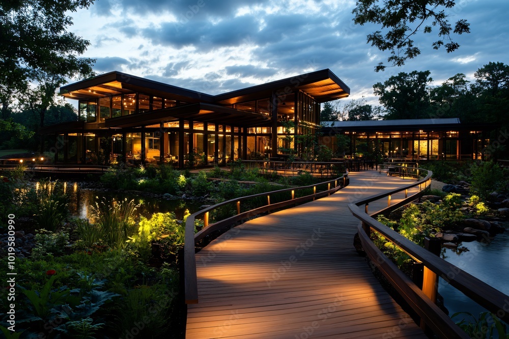 Modern home with a wooden walkway leading to a pond and lit by warm lights in the twilight. Modern home with a wooden walkway leading to a pond and lit by warm lights in the twilight.