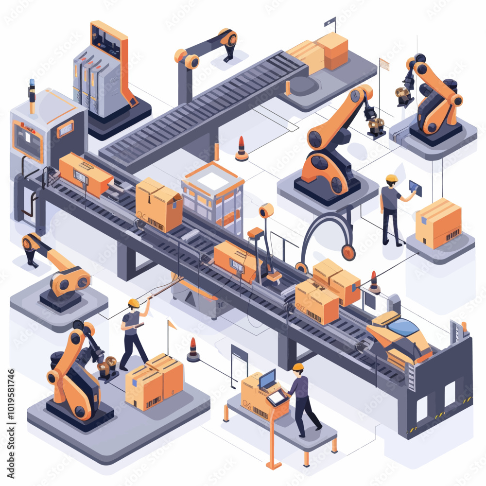 Automated Factory Workers and Robots on Conveyor Belts
Automated Factory Workers and Robots on Conveyor Belts