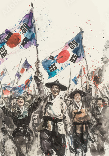 Watercolor Painting of People Holding Korean Flags