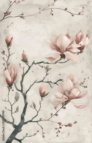 Watercolor Magnolia Branch with Buds