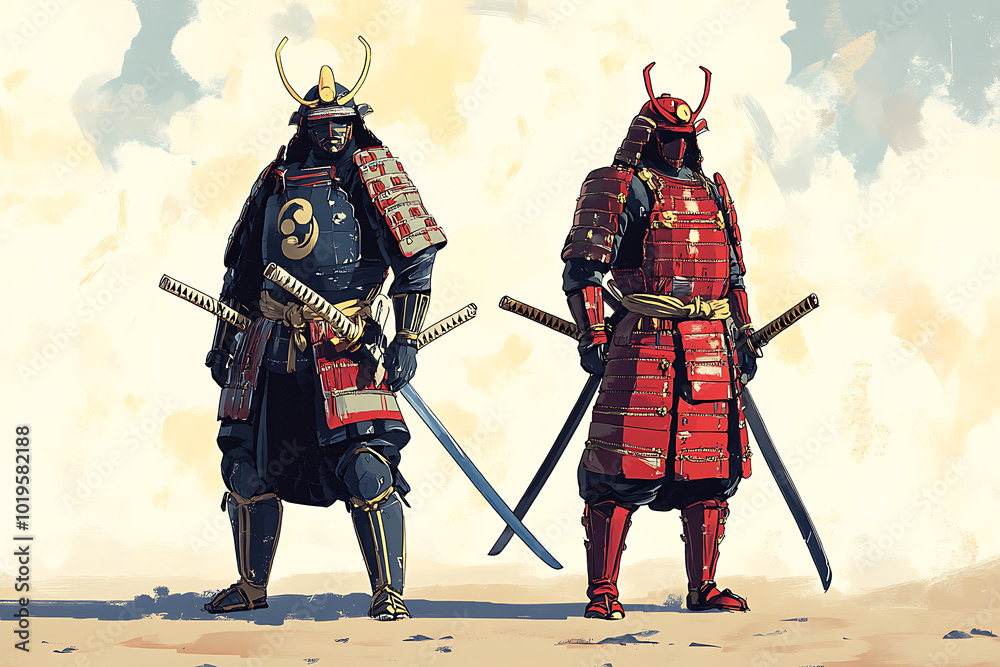 Obraz premium Two armored samurai stand side by side, showcasing traditional attire and weapons.