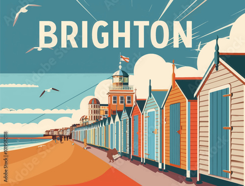 Brighton Beach Huts and Seagulls