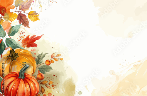 Autumn Watercolor Background with Pumpkins and Leaves