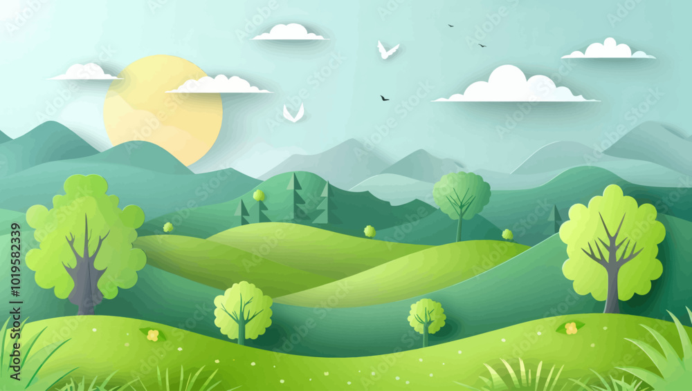 Obraz premium Papercraft Green Hills Landscape 