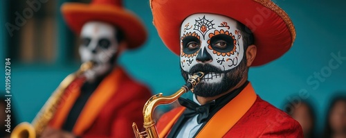 Jazz musicians in Day of the Dead costumes performing for a Halloween crowd close up - Cultural fusion of spooky and soulful traditions - vibrant - Blend mode - Stage backdrop photo