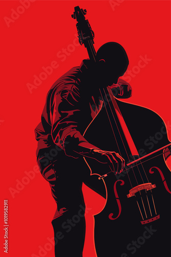 Double Bass Player Silhouette in Red 
