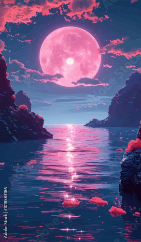 Pink Moon Over Watery Landscape 
